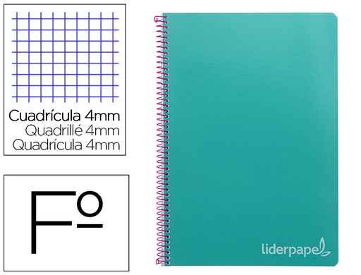 [2009799] LIDERPAPEL - Cuaderno espiral folio witty tapa dura 80h 75gr cuadro 4mm con margen color turquesa (Ref. BV03)