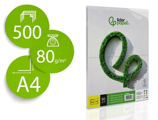 [2064198] LIDERPAPEL - PAPEL A4 80G/M2 PAQUETE DE 500 HOJAS BLANCO MICROPERFORADO EN DOS PARTES IGUALES (Ref.PA08)