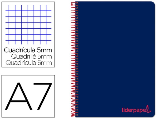 [2008927] LIDERPAPEL - Cuaderno espiral a7 micro wonder tapa plastico 100h 90 gr cuadro 5mm 4 bandas color azul marino (Ref. BG18)