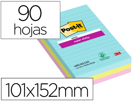 [9929673] POST-IT - TACO NOTAS 4690 SUPER STICKY 101x152 COLORES MIAMI CON LINEAS PACK DE 3 (Ref.4690-SS3-MIA)