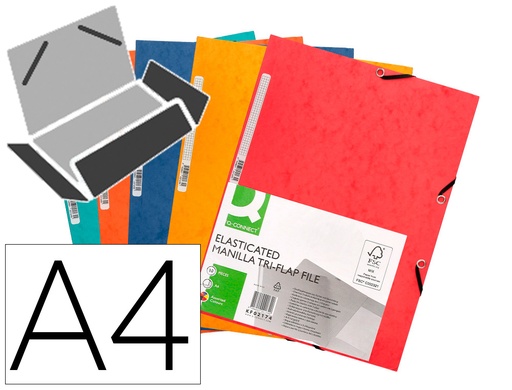 [2031630] Q-CONNECT - CARPETA GOMAS Cartón SIMIL-PRESPAN SOLAPAS 320X243 MM SURTIDAS ROJA-AMARILLA-AZUL-VERDE-NARAN (Ref.KF02174)