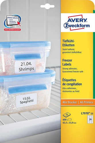 [2063330] AVERY - ETIQUETA ADHESIVA PARA CONGELADOR BLANCA 63,5X33,9 MM INK-JET LASER Y FOTOCOPIADORA PACK DE 600 (Ref.L7970-25)