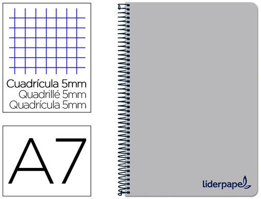 [2008928] LIDERPAPEL - Cuaderno espiral a7 micro wonder tapa plastico 100h 90 gr cuadro 5mm 4 bandas color gris (Ref. BG19)