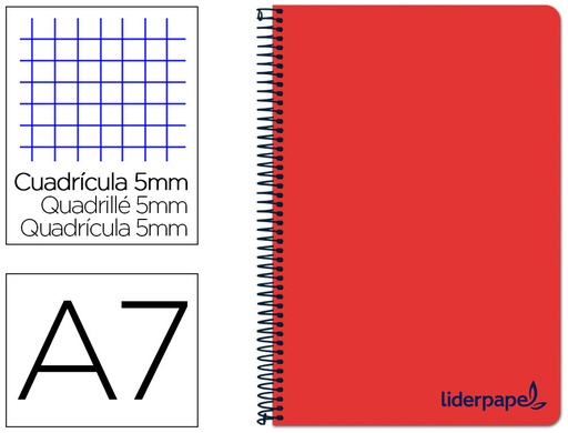 [2008929] LIDERPAPEL - Cuaderno espiral a7 micro wonder tapa plastico 100h 90 gr cuadro 5mm 4 bandas color rojo (Ref. BG20)