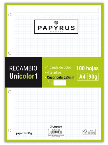 [9941707] PAPYRUS - RECAMBIO UNICOLOR1 A4 100h 90g MULTITALADRO CUAD.5x5 LIMA (Ref.53392221)