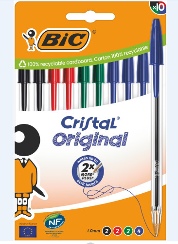 [1942142] BIC - Bolsa 10 bolígrafos Cristal surtidos. Trazo 0,4mm. (Ref.830865)