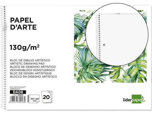 [2032013] LIDERPAPEL - BLOC DIBUJO ARTISTICO ESPIRAL 230X325MM 20 HOJAS 130G/M2 SIN RECUADRO 2 TALADROS (Ref.DA08)