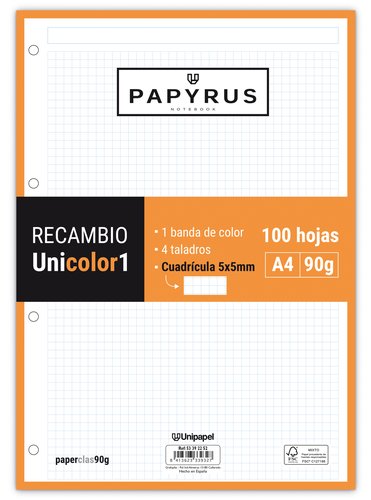 [9941711] PAPYRUS - RECAMBIO UNICOLOR1 A4 100h 90g MULTITALADRO CUAD.5x5 NARANJA (Ref.53392252)