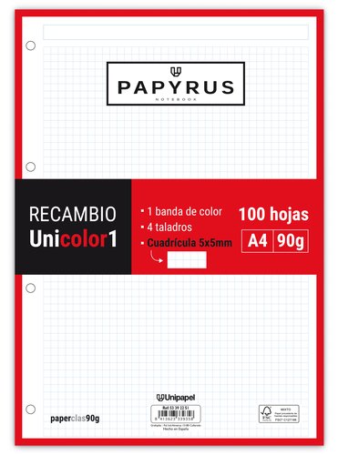 [9941710] PAPYRUS - RECAMBIO UNICOLOR1 A4 100h 90g MULTITALADRO CUAD.5x5 ROJO (Ref.53392251)