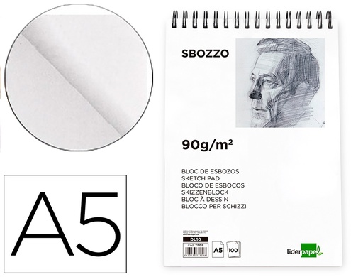 [2077159] LIDERPAPEL - BLOC DIBUJO ESBOZOS ESPIRAL A5 148X210MM 100 HOJAS 90G/M2 SIN RECUADRO (Ref.DL10)