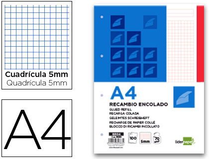 [2032383] LIDERPAPEL - BLOC ENCOLADO CUADRO 5MM ROJO A4 APAISADO 100 HOJAS 70 G/M2 (Ref.BR04)