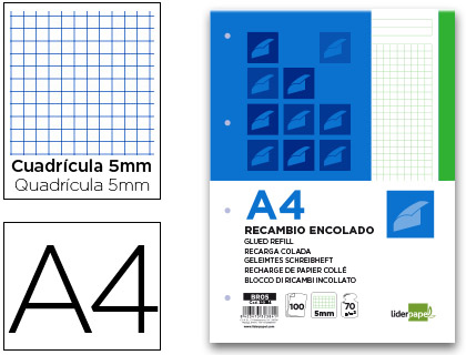 [2032384] LIDERPAPEL - BLOC ENCOLADO CUADRO 5MM VERDE A4 APAISADO 100 HOJAS 70 G/M2 (Ref.BR05)