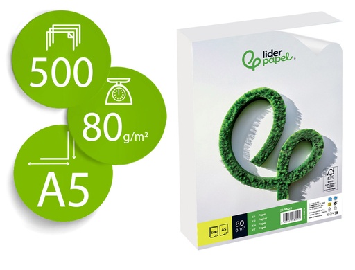 [2028229] LIDERPAPEL - PAPEL A5 80G/M2 PAQUETE DE 500 BLANCO (Ref.PB02)