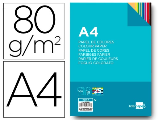 [2050332] LIDERPAPEL - PAPEL COLOR A4 80G/M2 25 COLORES SURTIDOS PAQUETE DE 100 (Ref.PC62)