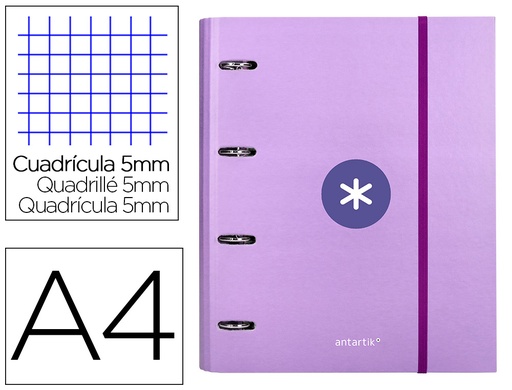 [2007813] ANTARTIK - Carpeta con recambio y solapa liderpapel A4 cuadro 5mm forrada 4 anillas redondas 40mm color lavanda (Ref. AW58)