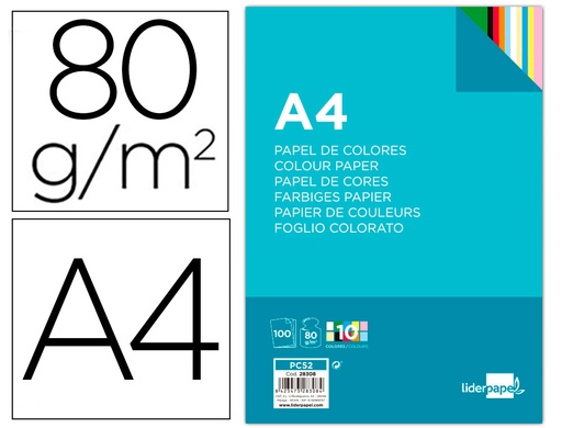 [2028308] LIDERPAPEL - PAPEL COLOR A4 80G/M2 10 COLORES SURTIDOS PAQUETE DE 100 (Ref.PC52)