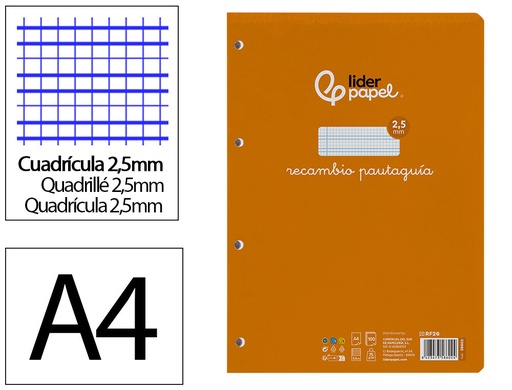 [2058602] LIDERPAPEL - RECAMBIO FOLIO PAUTAGUIA 100 HOJAS 80 G CUADRICULADO PAUTADO 2,5 MM CON MARGEN 4 TALADROS (Ref.RF26)
