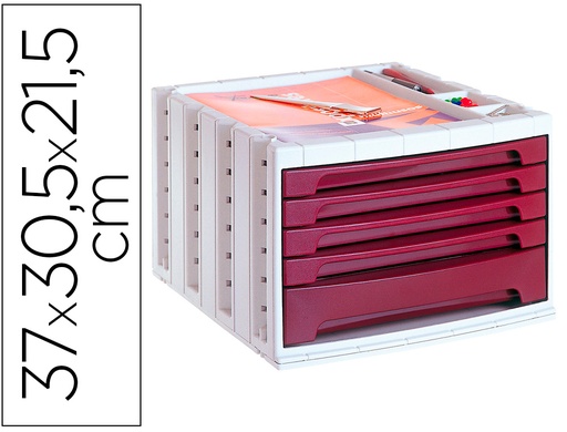 [2043590] Q-CONNECT - FICHERO CAJONES DE SOBREMESA 37X30,5X21,5 CM BANDEJA ORGANIZADORA SUPERIOR 5 CAJONES BURDEOS OPACO (Ref.KF18426)