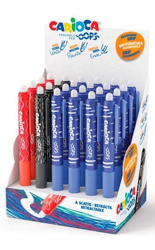 [9934223] CARIOCA - BOLIGRAFO RETRACTIL BORRABLE EXPOSITOR de 24
16x AZUL
 4x NEGRO
 4x ROJO (Ref.43044)