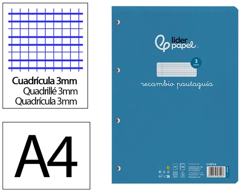 [2058599] LIDERPAPEL - RECAMBIO FOLIO PAUTAGUIA 100 HOJAS 80 G CUADRICULADO PAUTADO 3 MM CON MARGEN 4 TALADROS (Ref.RF23)