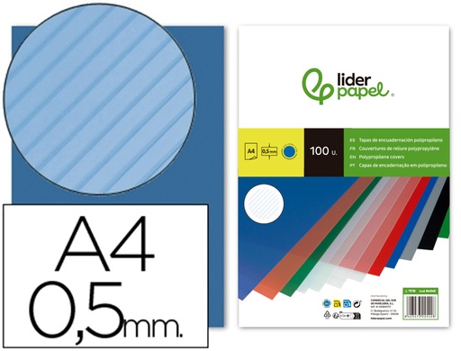 [2064045] LIDERPAPEL - TAPA ENCUADERNACION POLIPROPILENO RAYADO A4 0.5MM AZUL PAQUETE DE 100 UNIDADES (Ref.TE18)