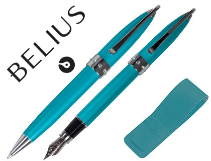[2063721] BELIUS - JUEGO DE BOLIGRAFO Y PLUMA BRENA TURQUESA LACADO CON CRISTAL EN LA ANILLA CENTRAL EN ESTUCHE (Ref.BB177)
