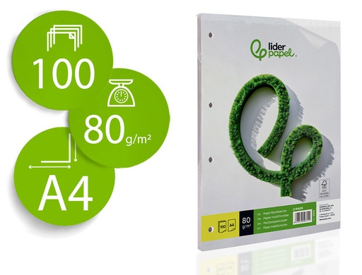 [2050315] LIDERPAPEL - PAPEL A4 80G/M2 PAQUETE DE 100 4 TALADROS BLANCO (Ref.PA05)