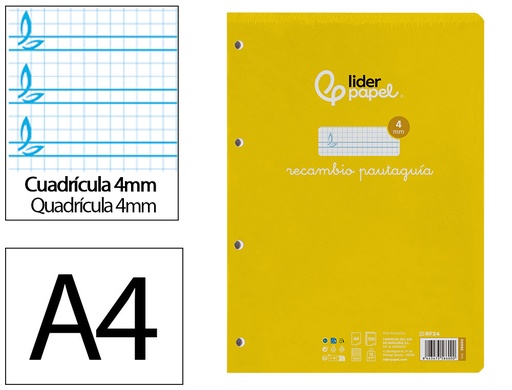 [2058600] LIDERPAPEL - RECAMBIO FOLIO PAUTAGUIA 100 HOJAS 80 G CUADRICULADO PAUTADO 4 MM CON MARGEN 4 TALADROS (Ref.RF24)