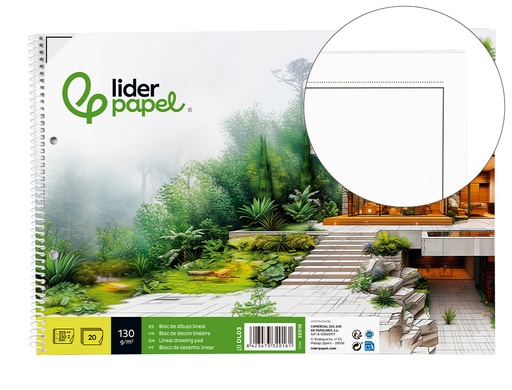 [2032016] LIDERPAPEL - BLOC DIBUJO LINEAL ESPIRAL 230X325MM 20 HOJAS 130G/M2 CON RECUADRO 2 TALADROS (Ref.DL03)