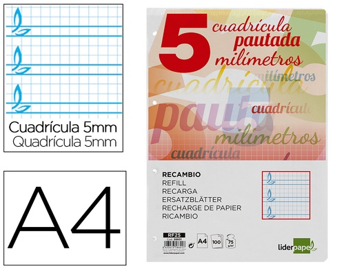 [2058601] LIDERPAPEL - RECAMBIO FOLIO PAUTAGUIA 100 HOJAS 80 G CUADRICULADO PAUTADO 5 MM CON MARGEN 4 TALADROS (Ref.RF25)