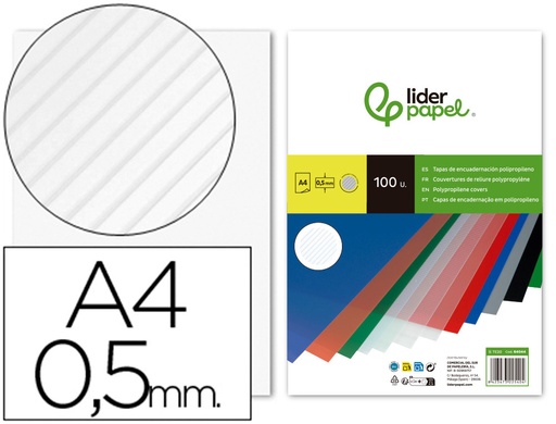 [2064044] LIDERPAPEL - TAPA ENCUADERNACION POLIPROPILENO RAYADO A4 0.5MM TRANSPARENTE PAQUETE DE 100 UNIDADES (Ref.TE20)