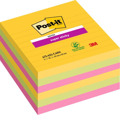 [2150375] POST-IT - BLOC DE NOTAS ADHESIVAS QUITA Y PON SUPER STICKY RAYADO 101X101 MM PACK DE 6 UNIDADES COLORES SURTIDOS (Ref.70005253334)