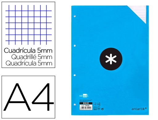 [2079124] ANTARTIK - RECAMBIO LIDERPAPEL A4 100 HOJAS 100G/M2 CUADRO 5 MM 4 TALADROS BANDAS DE 5 COLORES (Ref.RX01)