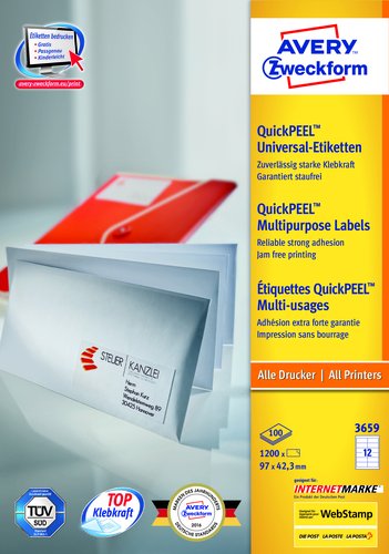 [9057776] AVERY - Etiquetas ILC Caja 100 hojas 1200ud Blancas FSC (Ref.3659)