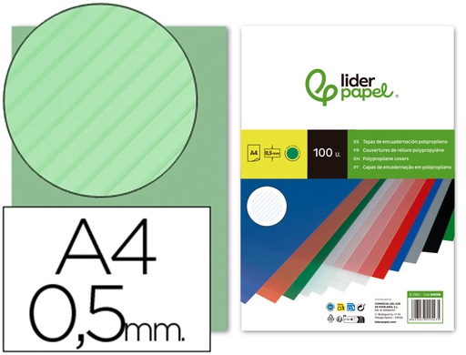 [2064046] LIDERPAPEL - TAPA ENCUADERNACION POLIPROPILENO RAYADO A4 0.5MM VERDE PAQUETE DE 100 UNIDADES (Ref.TE21)