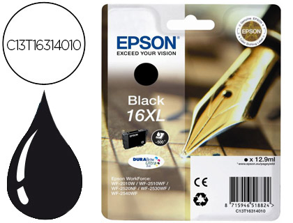 [9074408] EPSON - Cartuchos ORIGINALES Inyección De Tinta 16XL WF2010W WF2510WF WF2520NF WF2530WF WF2540WF NEGRO 500 PAG (Ref.C13T16314010)