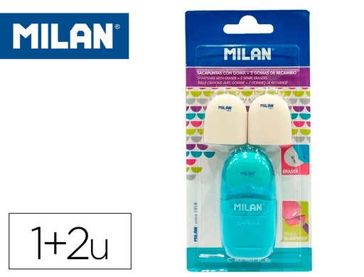[2161331] MILAN - Sacapuntas/Afilalapices capsule plastico 1 uso con goma + 2 recambios de goma en blister (Ref. BYM10034)