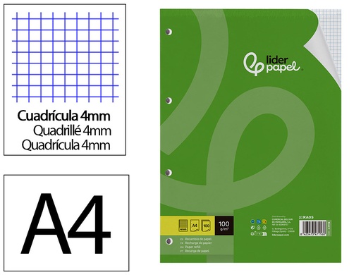 [2047116] LIDERPAPEL - RECAMBIO A4 100 HOJAS 100G/M2 CUADRO 4MM CON MARGEN 4 TALADROS (Ref.RA05)
