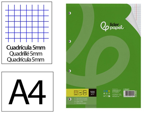 [2029104] LIDERPAPEL - RECAMBIO A4 100 HOJAS 100G/M2 CUADRO 5MM CON MARGEN 4 TALADROS (Ref.RA01)