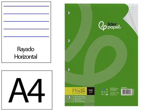 [2029105] LIDERPAPEL - RECAMBIO A4 100 HOJAS 100G/M2 HORIZONTAL CON DDOBLE MARGEN 4 TALADROS (Ref.RA02)