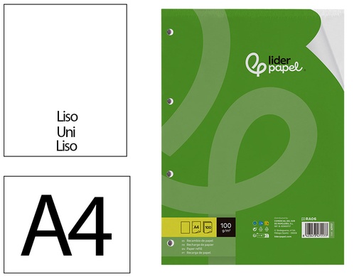[2047117] LIDERPAPEL - RECAMBIO A4 100 HOJAS 100G/M2 LISO SIN MARGEN 4 TALADROS (Ref.RA06)