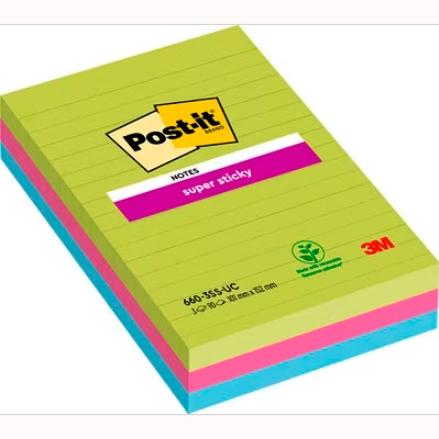 [9150376] POST-IT - Notas adhesivas Super Sticky Pack 3 blocs 90h Colores Arco Iris 102x152mm (Ref.70005253409)