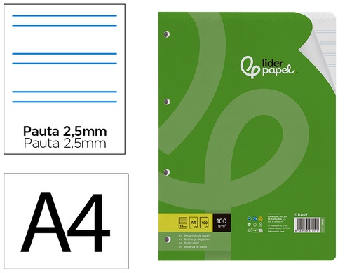 [2047119] LIDERPAPEL - RECAMBIO A4 100 HOJAS 100G/M2 PAUTA 5ª 2.5MM CON MARGEN 4 TALADROS (Ref.RA07)