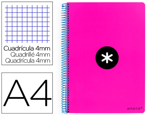 [2159571] ANTARTIK - Cuaderno espiral liderpapel A4 tapa dura 80h 100gr cuadro 4mm con margen color rosa fluor (Ref. KB15)
