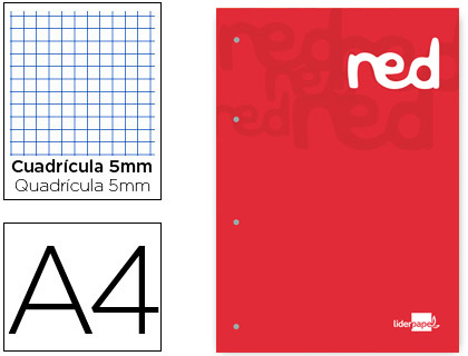 [2073785] LIDERPAPEL - BLOC ENCOLADO CUADRO 5 MM ROJO A4 NATURAL 100 HOJAS 100 G/M2 (Ref.BR10)