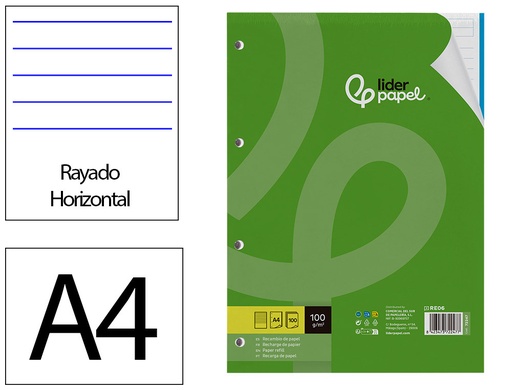 [2072247] LIDERPAPEL - RECAMBIO A4 100 HOJAS 100 G/M2 RAYADO HORIZONTAL 4 TALADROS BANDAS DE 5 COLORES (Ref.RE06)