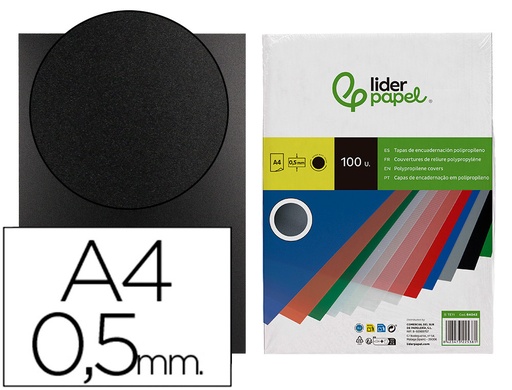 [2064042] LIDERPAPEL - TAPA ENCUADERNACION POLIPROPILENO A4 0.5MM NEGRA PAQUETE DE 100 UNIDADES (Ref.TE11)