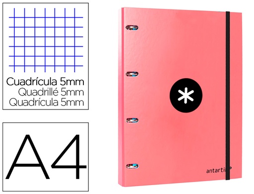 [2088849] ANTARTIK - Carpeta con recambio liderpapel A4 cuadro 5mm forrada 4 anillas 25mm color coral (Ref. AW59)
