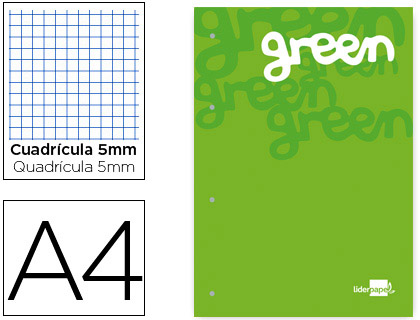 [2073782] LIDERPAPEL - BLOC ENCOLADO CUADRO 5 MM VERDE A4 NATURAL 100 HOJAS 100 G/M2 (Ref.BR07)