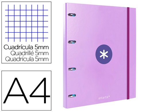 [2088853] ANTARTIK - Carpeta con recambio liderpapel A4 cuadro 5mm forrada 4 anillas 25mm color lavanda (Ref. AW61)